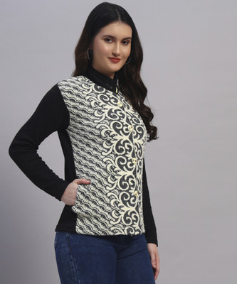 MOD YOUNG Printed Mandarin Neck Casual Women Black Sweater
