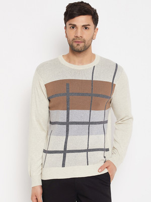 DUKE Checkered Round Neck Casual Men Beige Sweater