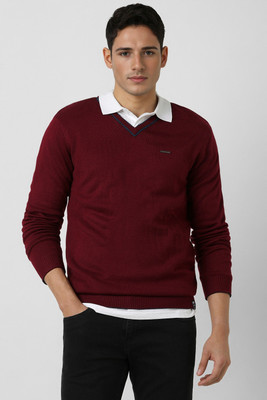 PETER ENGLAND Solid V Neck Casual Men Blue Sweater