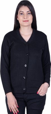 Ozarro Self Design V Neck Casual Women Black Sweater