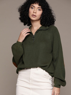 Roadster Solid Turtle Neck Casual Women Green Sweater