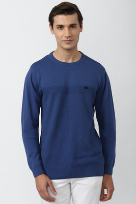PETER ENGLAND Self Design Round Neck Casual Men Blue Sweater