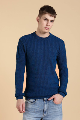 FREAKS Self Design Round Neck Casual Men Blue Sweater