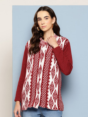 METRONAUT Printed High Neck Casual Women Maroon Sweater