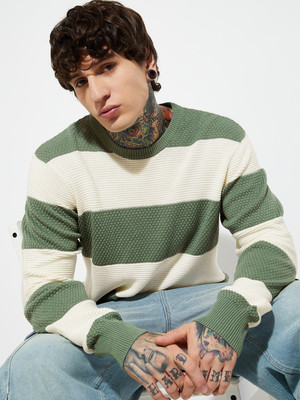 MAX Striped Round Neck Casual Men Beige, Green Sweater