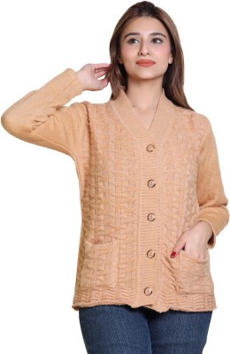 WHYME FASHION Self Design V Neck Casual Women Gold Sweater