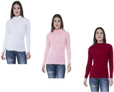 IndiWeaves Solid High Neck Casual Women White, Pink, Maroon Sweater