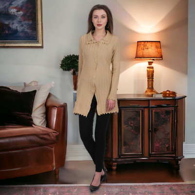 GLAUCUS Self Design Collared Neck Casual Women Beige Sweater