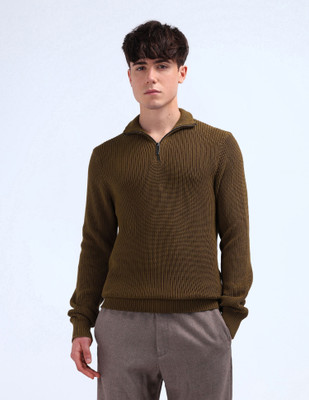 FLYING MACHINE Self Design Collared Neck Casual Men Brown Sweater