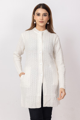 Dodge Self Design Mandarin Neck Casual Women White Sweater