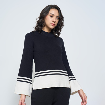 Annabelle by Pantaloons Colorblock Round Neck Casual Women Black Sweater
