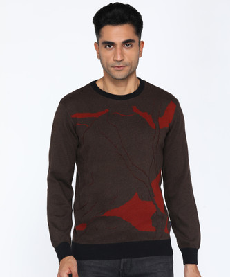 INDIAN TERRAIN Printed Crew Neck Casual Men Brown Sweater