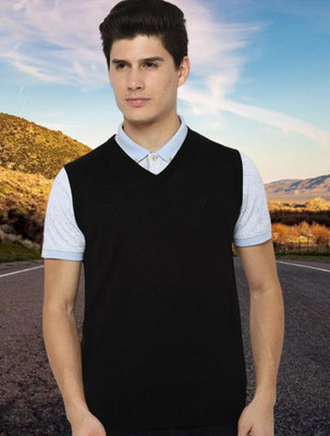 jorden4u Solid, Self Design, Embroidered V Neck Casual Men Black Sweater