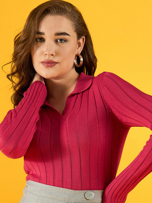 98 Degree North Striped Collared Neck Casual Women Pink Sweater
