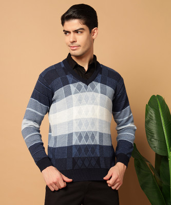 CANBLAR Striped V Neck Casual Men Light Blue Sweater