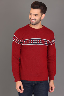 DIVYAM COLLECTION Self Design Round Neck Casual Men Red Sweater