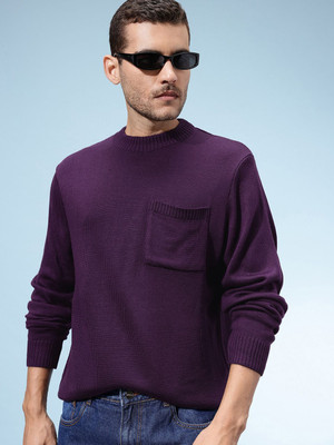 Glitchez Solid, Self Design Round Neck Casual Men Purple Sweater