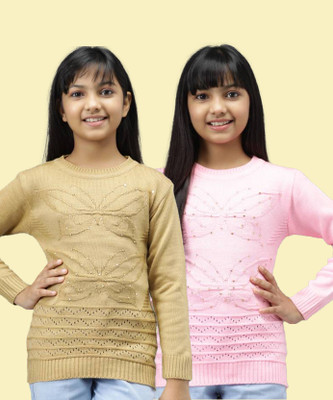 ANIXA Self Design Round Neck Casual Girls Multicolor Sweater