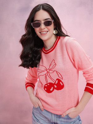 Dressberry Woven Round Neck Casual Women Pink Sweater