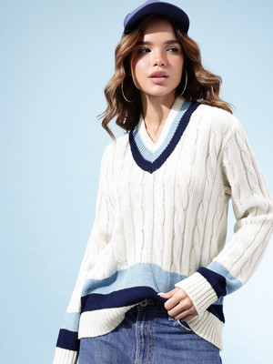 kasam Self Design V Neck Casual Women Dark Blue Sweater