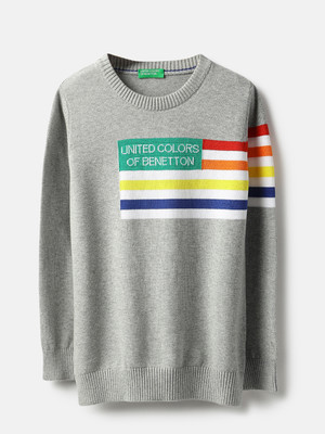 United Colors of Benetton Self Design, Striped Round Neck Casual Baby Boys Grey Sweater