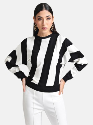 KAZO Striped Round Neck Casual Women Black, White Sweater