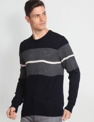 Arrow Sport Striped Round Neck Casual Men Black, Grey Sweater