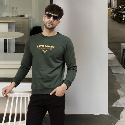 RIGO Printed Round Neck Casual Men Green Sweater