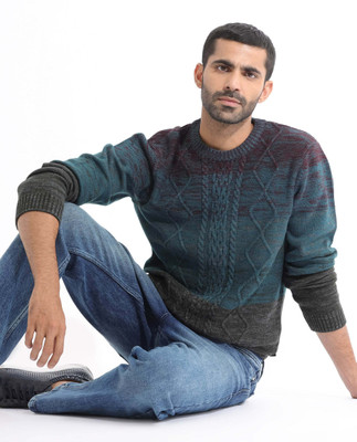 RARE RABBIT Colorblock Crew Neck Casual Men Multicolor Sweater
