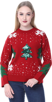 NOQUO Printed Round Neck Casual Women Red Sweater