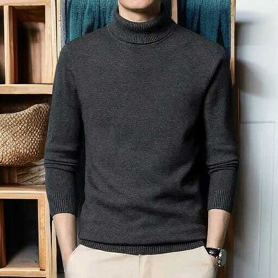 T-40 Solid High Neck Casual Men Black Sweater