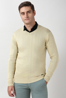 PETER ENGLAND Solid V Neck Casual Men Beige Sweater