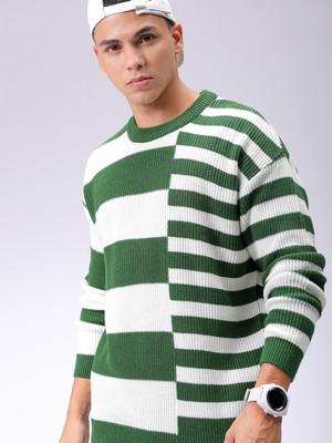The Indian Garage Co. Striped Crew Neck Casual Men Green Sweater