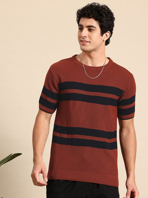 Mast & Harbour Woven Round Neck Casual Men Brown Sweater