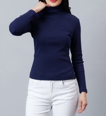 TEE TREE Solid High Neck Casual Women Dark Blue Sweater