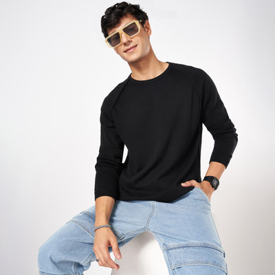 PEOPLE Solid Round Neck Casual Men Black Sweater