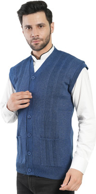 manra Self Design V Neck Casual Men Blue Sweater