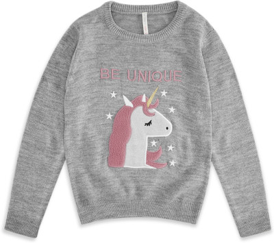 Pantaloons Junior Printed Round Neck Casual Girls Grey Sweater