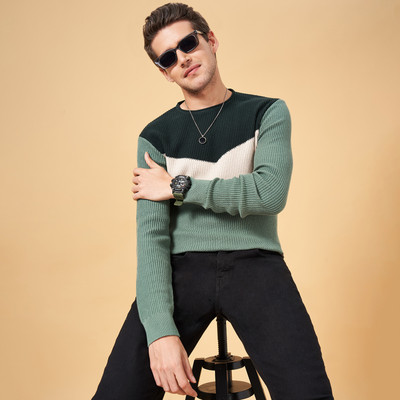 PEOPLE Colorblock Crew Neck Casual Men Multicolor Sweater