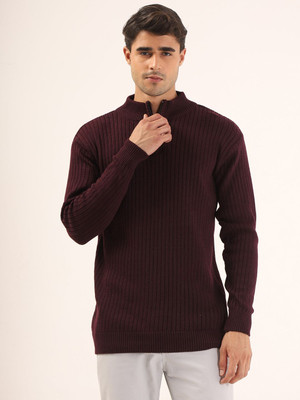 kveto Self Design High Neck Casual Men Maroon Sweater