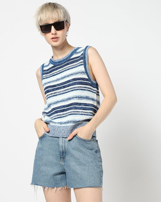 GAP Striped Round Neck Casual Women Blue Sweater