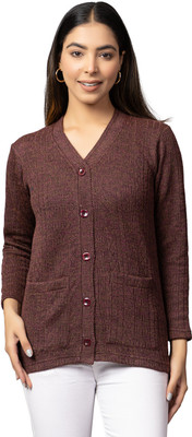 hifzaa Solid V Neck Casual Women Maroon Sweater