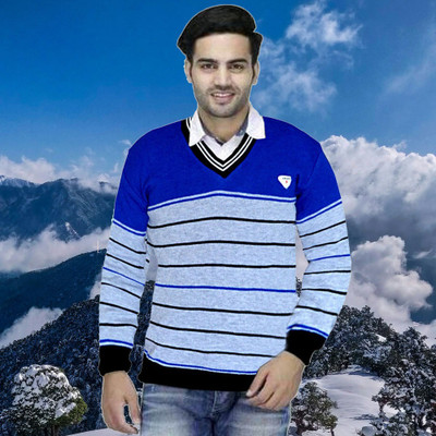 FUTUREGEMS Striped V Neck Casual Men Multicolor Sweater