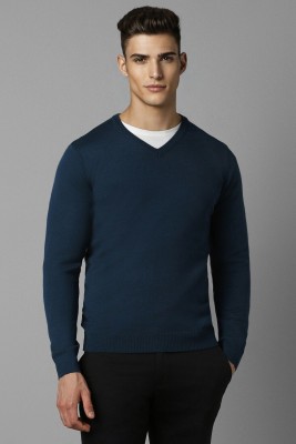 LOUIS PHILIPPE Solid V Neck Casual Men Blue Sweater