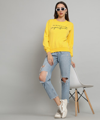 MYLES Printed Round Neck Casual Women Yellow, Black Sweater