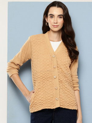 METRONAUT Self Design V Neck Casual Women Beige Sweater