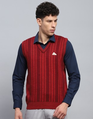 MONTE CARLO Striped V Neck Casual Men Maroon Sweater