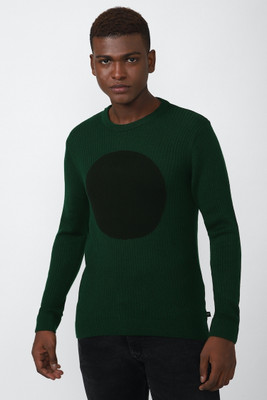 FOREVER 21 Solid Round Neck Casual Men Green Sweater