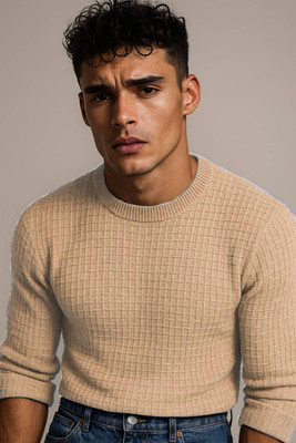 FREAKS Solid Round Neck Casual Men Beige Sweater