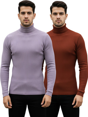 HEPAKA Solid High Neck Casual Men Purple, Brown Sweater